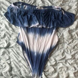 Blue and White Bodysuit with Ruffle Detail